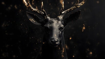 Stylized, close-up portrait of a black deer head, detailed in dark tones with glowing, golden particles surrounding it.