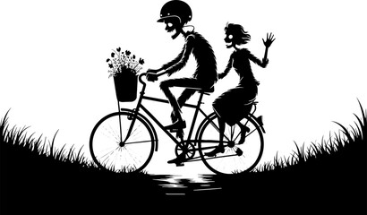 Skeleton Couple Bicycling with Flowers for Fun Outdoor Adventure