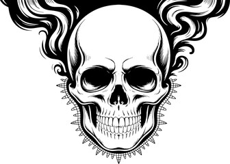 Detailed Skull Illustration with Flowing Hair and Spiked Border