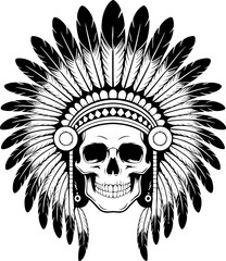 Intricate Skull with Native American Headdress Design for Tattoos