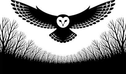 Black silhouette of barn owl flying over bare forest branches wildlife nature vector for tattoo design and coloring book