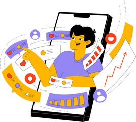 Cartoon Illustration of Man Interacting with Social Media Elements and Data Visualization on Smartphone with Transparent Background