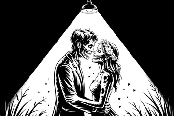Love Beyond Death Unique Embrace of Skeleton Couple Vector Art