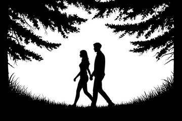 Silhouette of Couple Walking in Nature Under Pine Trees