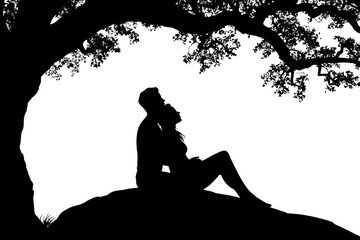 Silhouette of a Romantic Couple Sitting Under a Tree