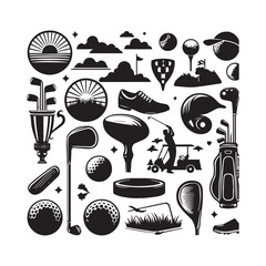A dynamic arrangement of black golf silhouettes with action and landscape elements Keywords: golf equipment golf balls golf clubs golf bag golf shoes golf cap golf shirt golf tees golf accessories
