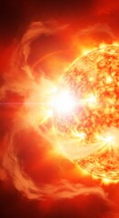 Fototapeta premium A bright orange star with flares and plasma clouds in a dark red and orange space scene