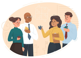 Diverse Business Team Assembling Puzzle Pieces in Minimalist Office Setting with Transparent Background