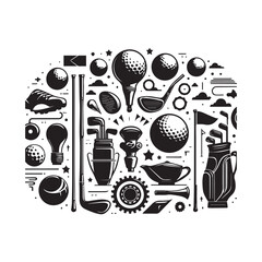 Abstract Arrangement of Black Silhouette Golf Icons and Symbols on a White Background with Various Elements