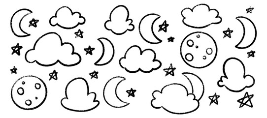 Crayon drawings of moon with cloud shapes and star patterns by kid using chalk for night sky illustration. Simple celestial elements scattered across space. Childlike sketches for nursery or school.