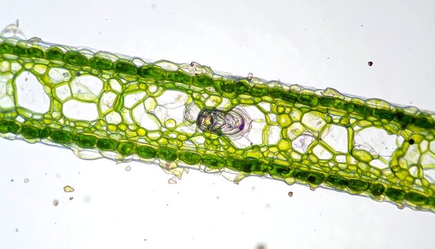Microscopic view of a plant's vascular bundle, showing cells and chloroplasts