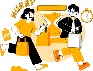 Animated Figures Running With Shopping Bags Near Hourglass and Clock against Transparent Background