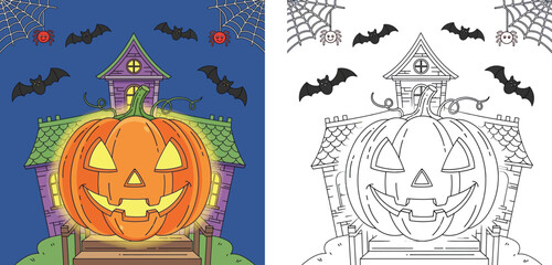 Spooky Haunted House with Giant Jack-o'-Lantern and Bats Flying Under Moonlight Halloween Night Illustration