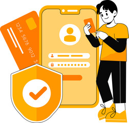 Illustration Of Man Holding Smartphone Near Credit Card And Shield Against White Background