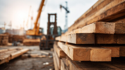 Lumber construction site with stacked timber in foreground and cranes in background showing industrial building process