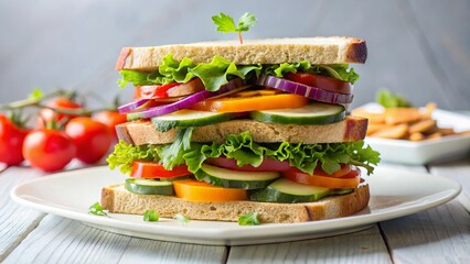 Stacked Vegetable Sandwich on White Plate
