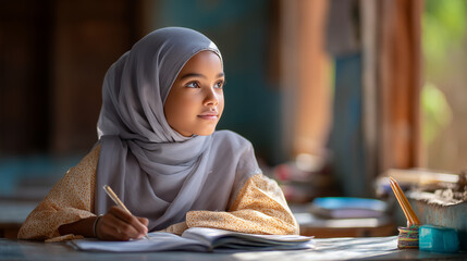 Young Muslim girl studying and taking notes at a wooden table  