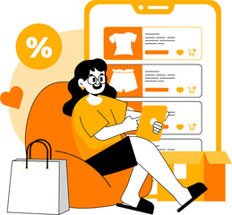 Woman Shopping Online With Digital Tablet and Mobile Phone on Transparent Background With Percent Sign and Shopping Bag
