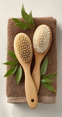 Two natural bristle massage brushes rest atop a textured brown towel, accented by fresh green leaves.
