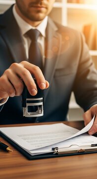 Man in suit holding a stamp over document on desk in office setting with natural light coming in