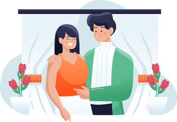 Young Couple Embracing in Front of Curtains with Blooming Flowers Illustrative Vector