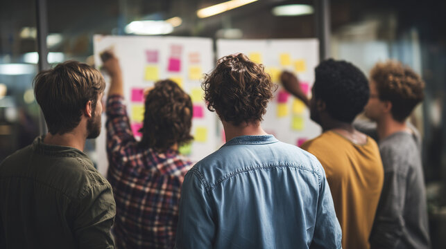 Diverse friends brainstorming together in startup office standing at whiteboard with sticky notes in collaborative environment - Powered by Adobe