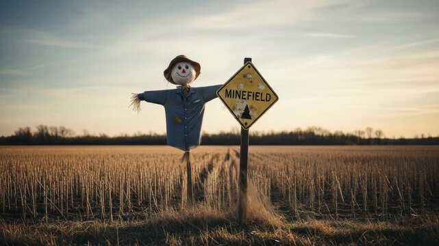 Scarecrow and Minefield warning sign in harvested field, autumn landscape, agriculture concept, danger and warning.