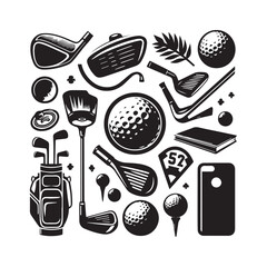 Assortment of Golfing Gear and Related Icons in Silhouette golf ball golf club