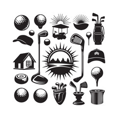 Black and White Icons of Golf Equipment, Buildings, and Nature Elements Keywords: golf, sport, house, building, golf clubs, golf balls, golf bag, golf cart, sun, sunrise, sunset, trees, cap