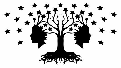 Naklejka premium Symbolic tree of life entwined with human profiles and scattered stars, representing growth, connection, and dreams