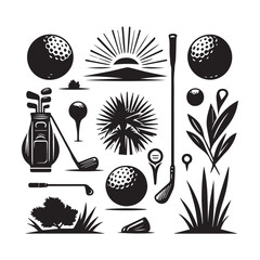 Black and white golf elements including equipment, natural scenery, and abstract sunburst on a white background Keywords: golf, sport, equipment, icon, illustration, golf ball, golf club, golf bag