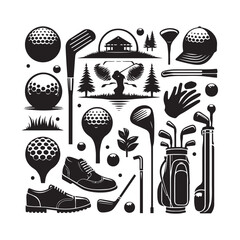 Black silhouette icons of golf equipment and a golfer on a white background with a golf course scene Keywords: golf, sport, equipment, icon, silhouette, golfer, golf course, trees, clubhouse, golf