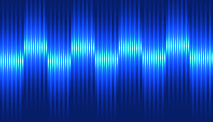 Blue Neon Sound Wave Equalizer Banner with Glowing Audio Spectrum Pulse and Vertical Light Bars on Dark Gradient Abstract Background, Futuristic Digital Tech with Copy Space