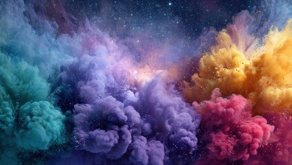 A vibrant explosion of colorful smoke clouds against a backdrop of stars, showcasing a captivating mix of blues, purples, pinks, and golds.