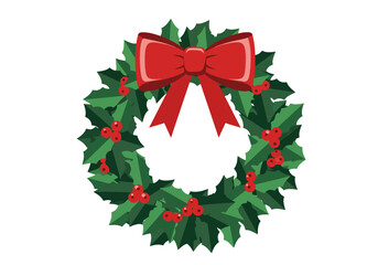 Festive Christmas Wreath with Holly and Red Bow.
