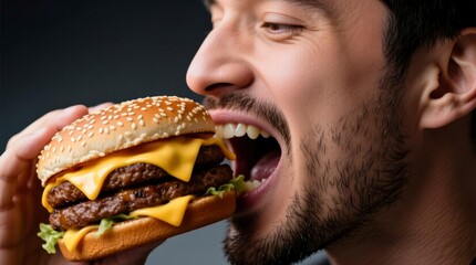 Close-up portrait of a young man about to eat a double cheeseburger with lettuce, beef patties, cheddar cheese, and sesame seed bun