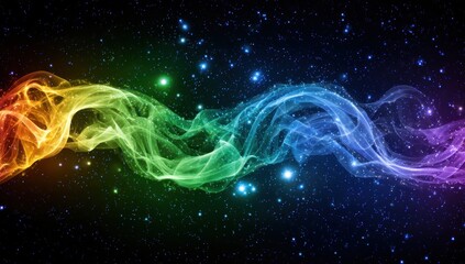 A vibrant, ethereal display of swirling, rainbow-hued nebulae against a backdrop of sparkling stars.