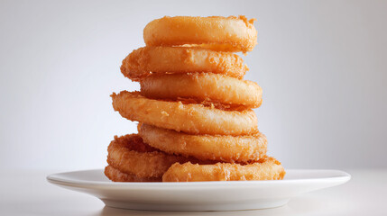 白い背景と白い皿の上にピラミッドのように積み上げられたカリカリのオニオンリング