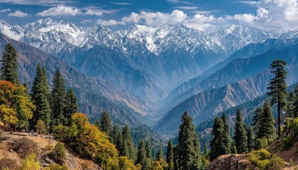 Fototapeta premium Mountain vista, snow-capped peaks, autumnal colors