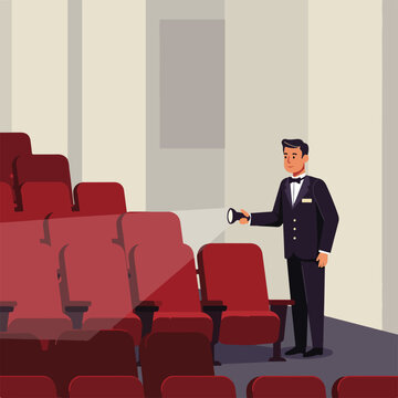 Usher shines flashlight on red theater seats, wearing tuxedo, against neutral wall