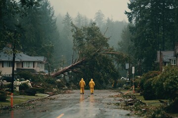 Two Workers in Yellow Protective Suits Clearing a Tree Fallen Across Street