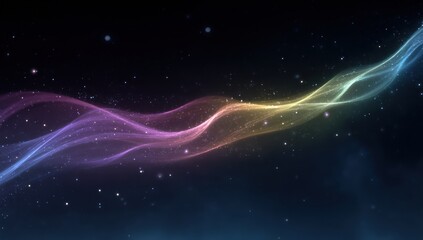 A graceful, flowing design with iridescent, glowing ribbons, accentuated by shimmering particles, against a deep night sky backdrop.