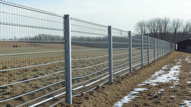 Long wire fence with metal posts delineating property line in rural area. Winter landscape with field, snow, and bare trees. Security footage.