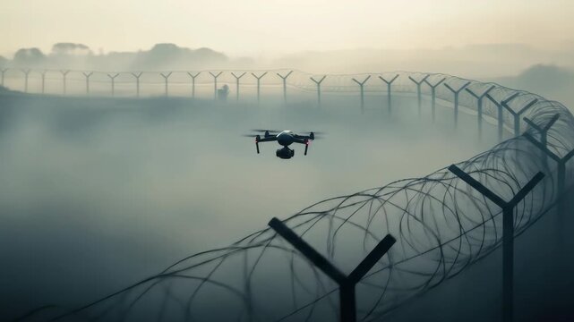 Drone flies over barbed wire fence in foggy landscape. Security, technology, border, landscape, aerial, fence, and surveillance concepts.