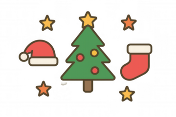 Christmas celebration symbols with a festive tree, santa hat, stocking, and stars. Holiday design elements on transparent background
