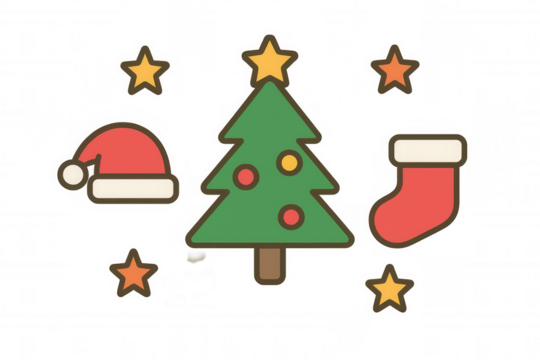 Christmas celebration symbols with a festive tree, santa hat, stocking, and stars. Holiday design elements on transparent background