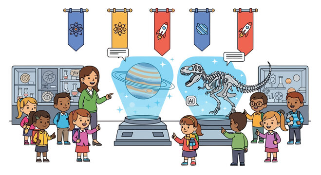 A teacher guides a group of children through a museum exhibit, pointing at displays.