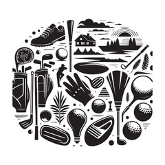 Circular Composition of Golfing Elements and Landscape Silhouettes sport