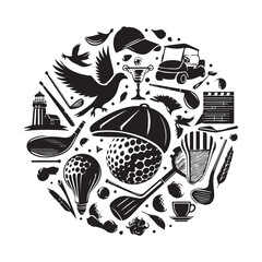 Circular Composition of Golf Icons, Wildlife, and Lighthouse Silhouette golf club golf ball