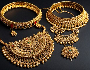 Obraz premium Ornate gold necklace set with gemstones and pearls, displayed on a dark surface